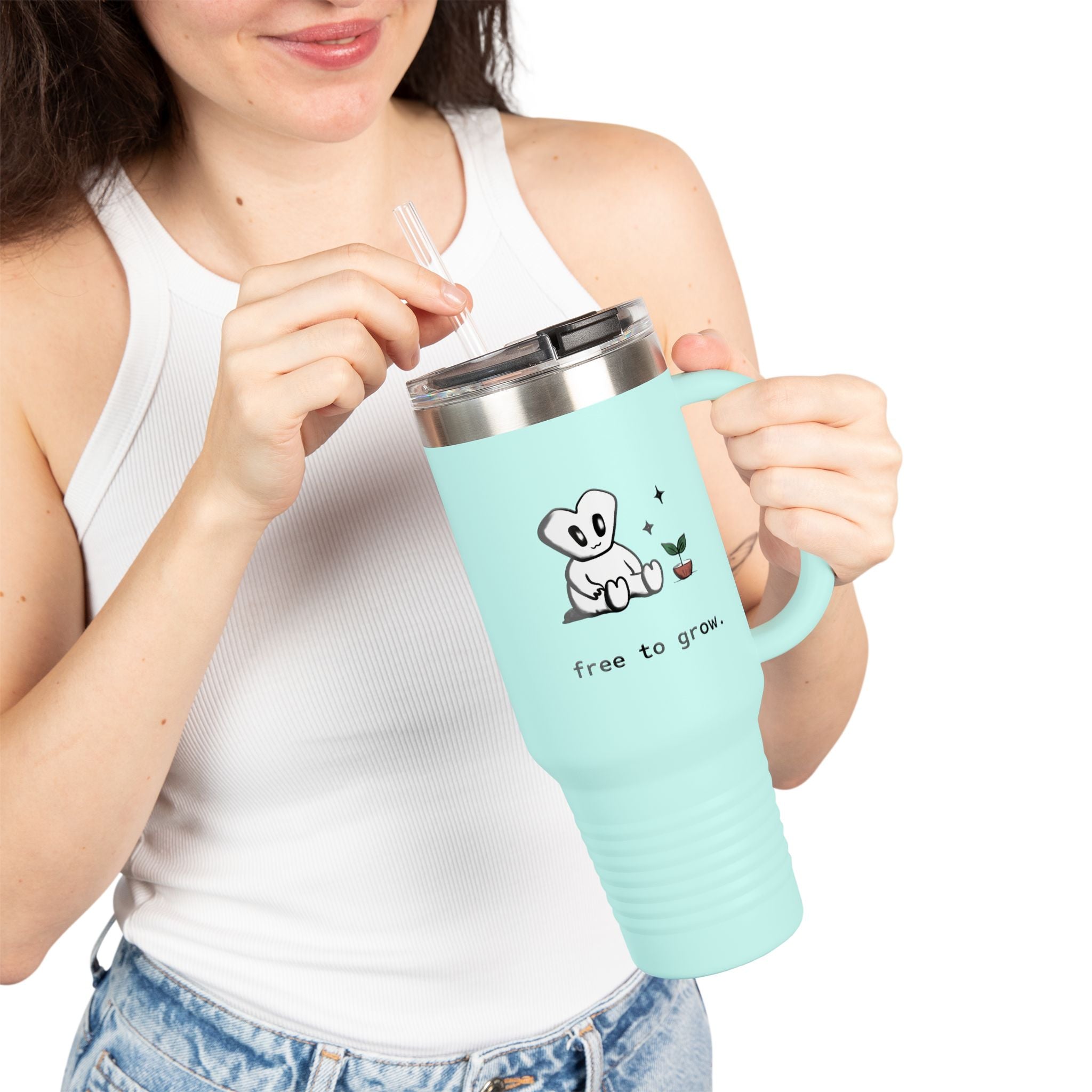 40oz Insulated Travel Mug — 'Free to Grow' Cute Plant Alien Design