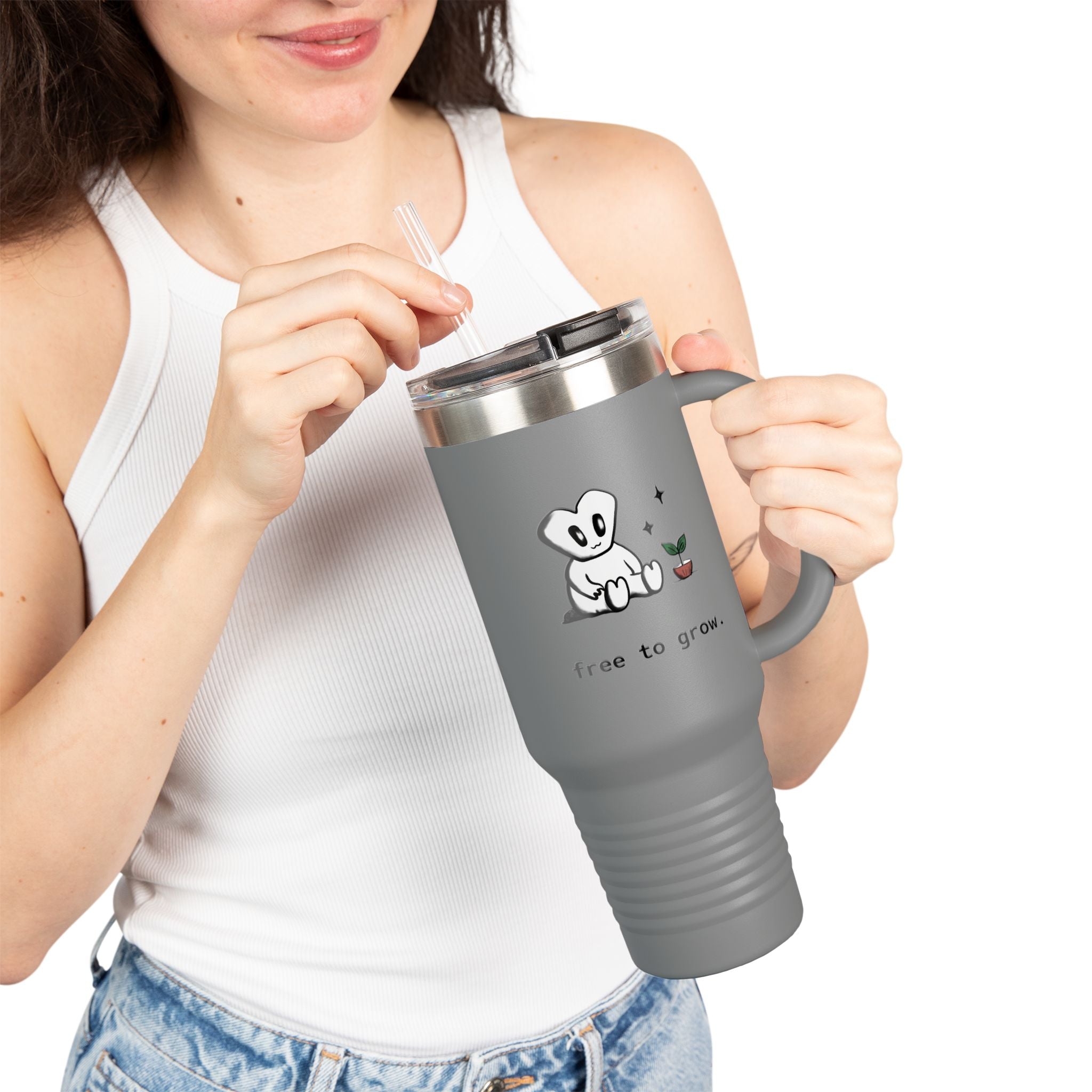 40oz Insulated Travel Mug — 'Free to Grow' Cute Plant Alien Design