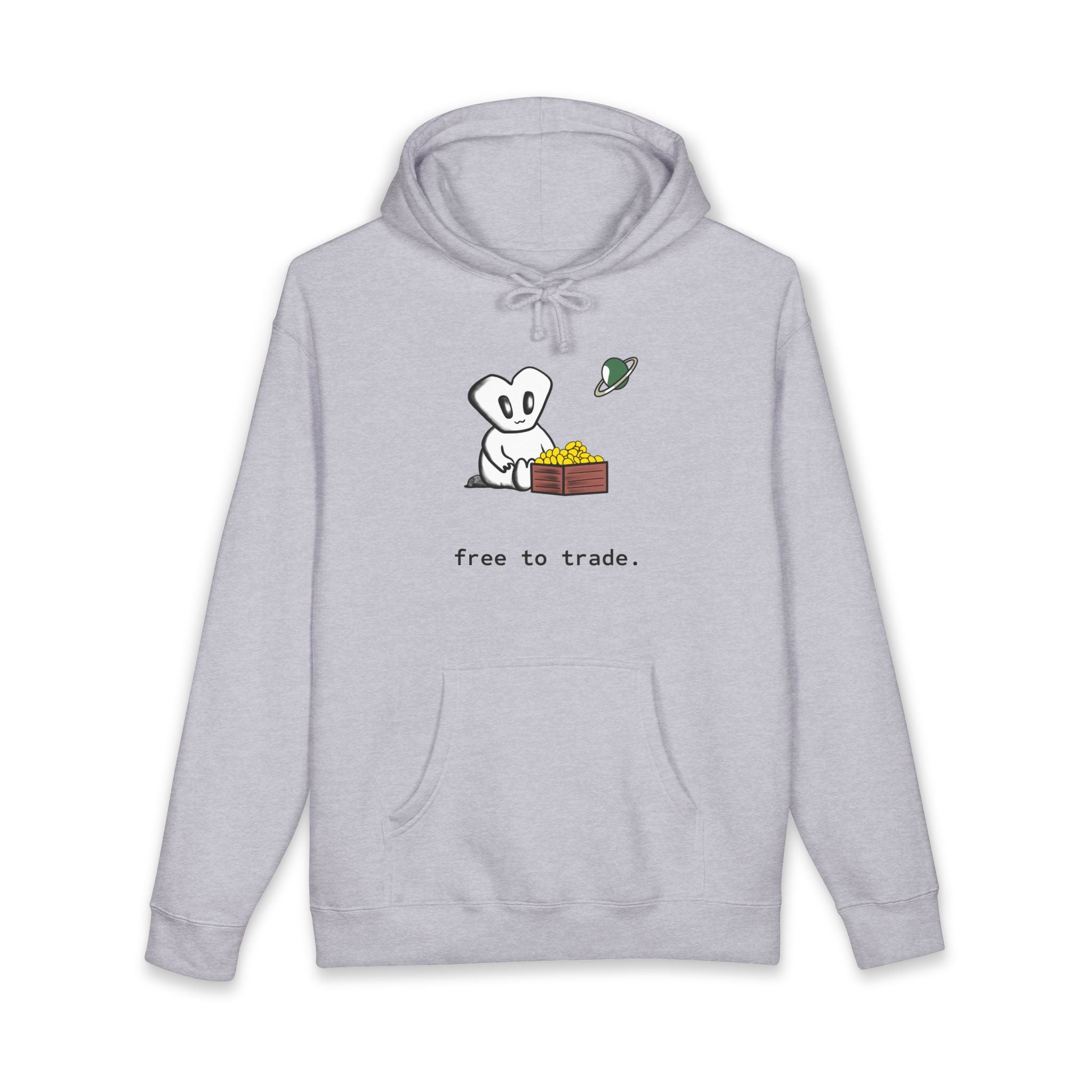 'Free to Trade' Cute Character Hoodie — Casual Graphic Pullover Sweatshirt