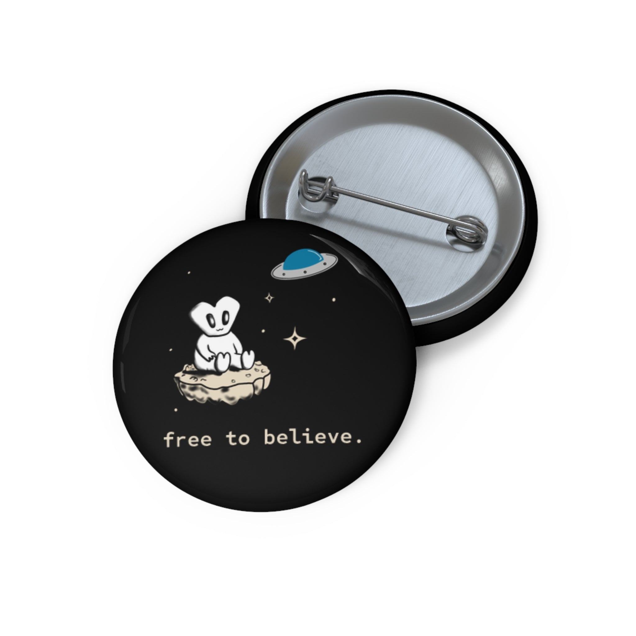 Alien Pin Button — “free to believe.” Cute UFO Enamel Style Badge for Jackets & Bags